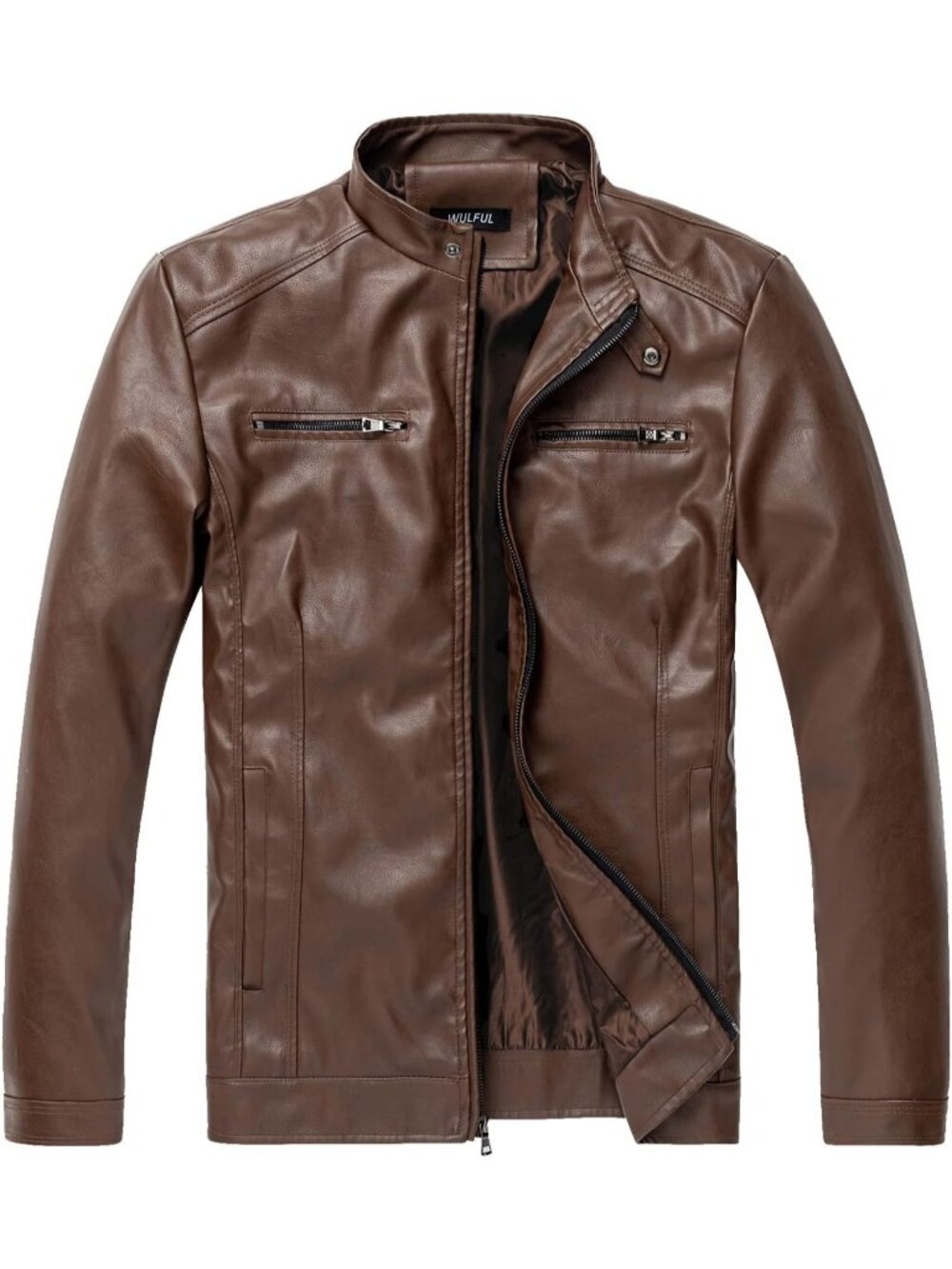 Men’s Brown Faux Leather Motorcycle Jacket Stand Collar Lightweight Biker Coat